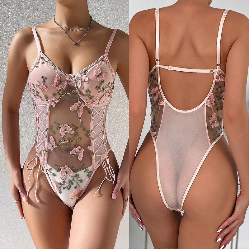 Women Sexy See Through Mesh Spaghetti Strap Bodysuit for Butterfly Embroidery Lace-Up Bandage Bodies Bodycon Leotard Top  Pink S | Fruugo SG