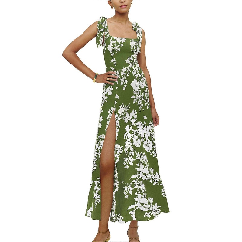 Women Summer Quadrate Neck Dress Fashionable Elegant Side Split Tie Strap Women Floral Print Dress for Daily Party Green XL_-sy_-sy | Fruugo SG