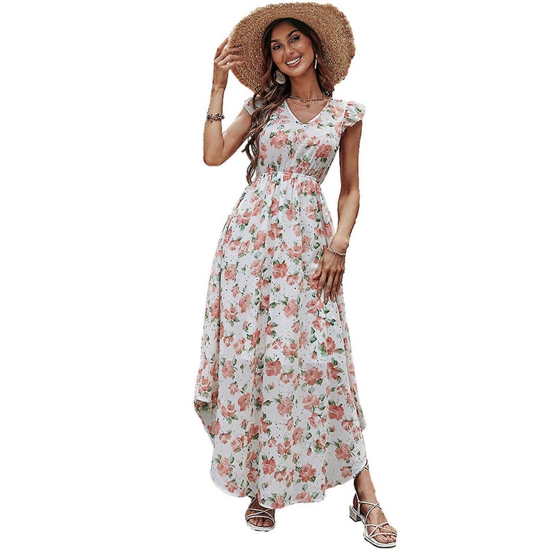 Women Summer Sleeveless Ruffle Trim V-Neck Maxi Long Dress Sexy Cut Out Backless Boho Floral Print High Waist Asymmetric Flare Hem Flowy Beach | Fruugo SG