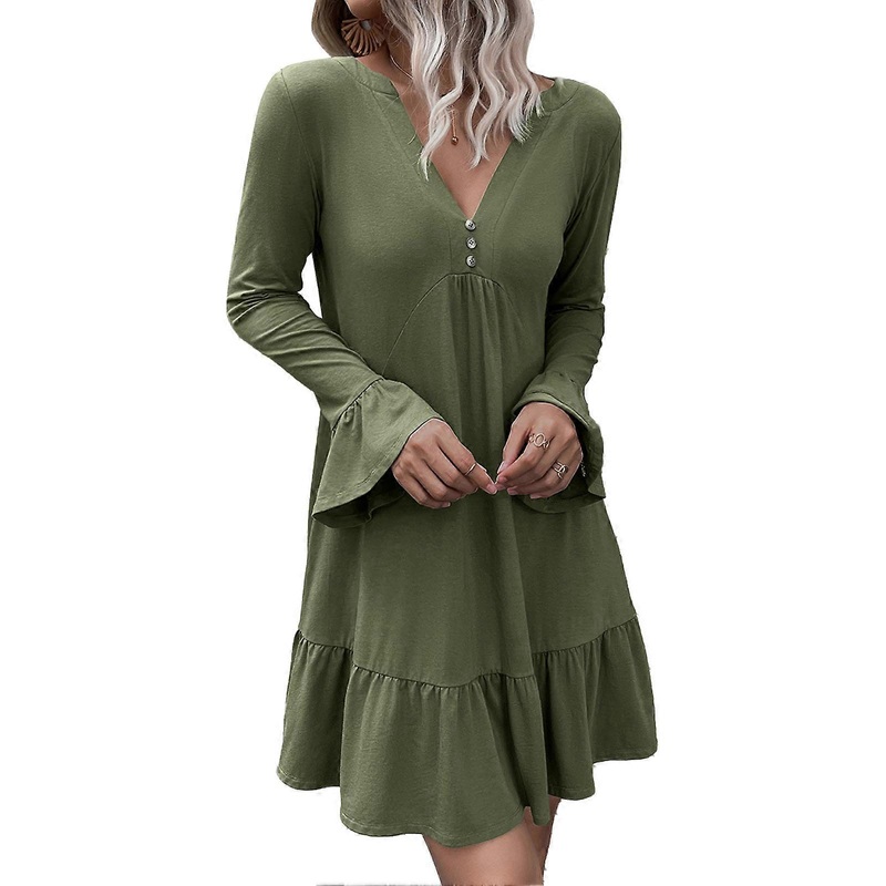 Women V Neck Dress Ruffle Pure Color Dress Stylish Button Front Long Sleeves Dress OD Green S_-sy_-sy | Fruugo SG