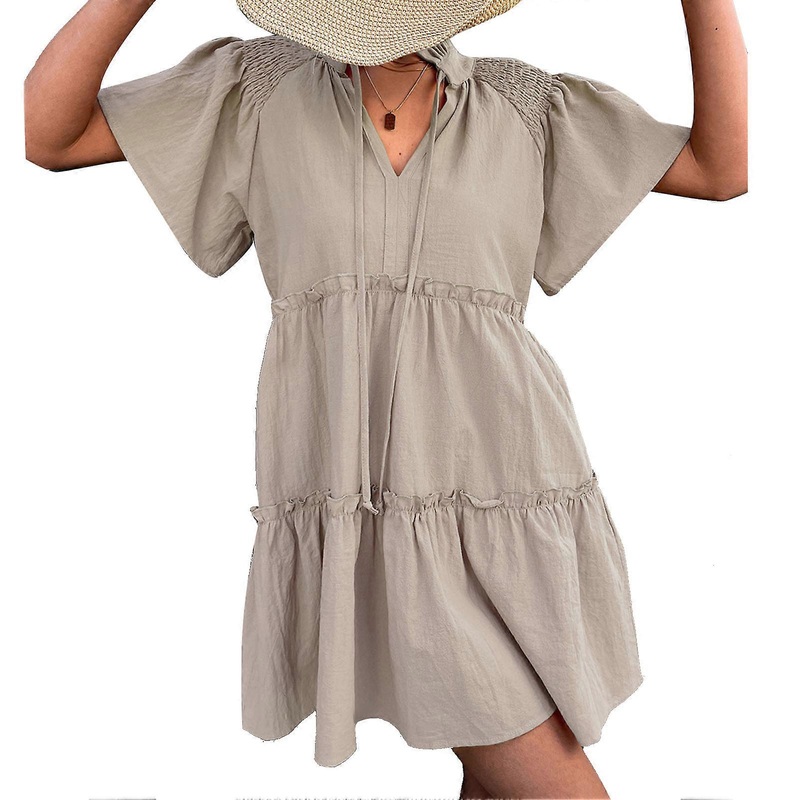 Women V Neck Short Dresses A Line Ruffle Front Drawstring Short Sleeve Loose Casual Dress for Summer Spring Apricot L_-sy_-sy | Fruugo SG