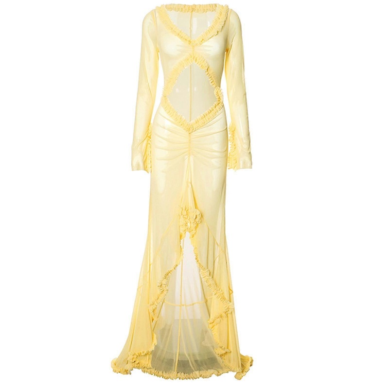 Womens Beach See Through Mesh Long Sleeve V Neck Bodycon Dress Sexy Cut Out Ruffled Ruched Asymmetrical Long Dresses  Yellow S | Fruugo SG