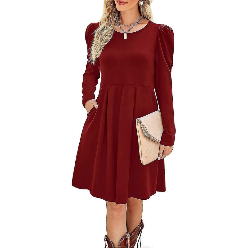Womens Casual Dress Long Sleeve Dress Ladies Pleated Tunic Dress With Pockets | Fruugo SG