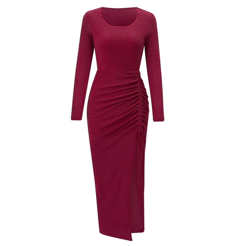 Womens Dress O-Neck Long Sleeve High Slit Drawstring Long Dresses Cocktail Party Elegant Maxi Dress  Burgundy XL | Fruugo SG