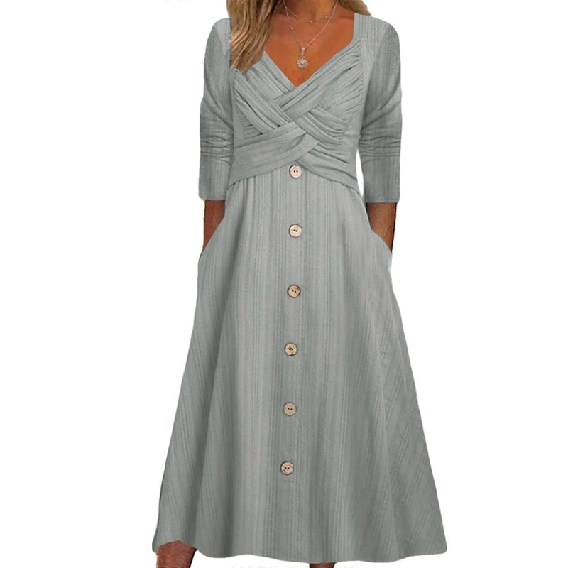 Womens Long Sleeve V Neck Maxi Dress Cross Wrap Button Long Dress Fashion Casual A-line Dress with Pockets  grey blue XXXL | Fruugo SG