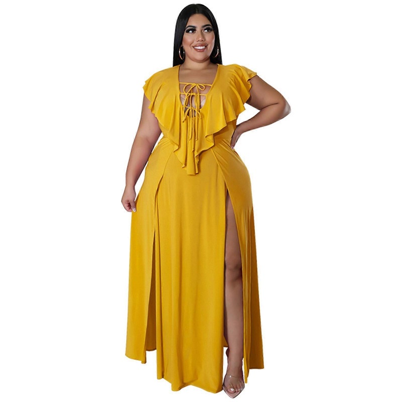 Womens Plus Size Sleeveless Sexy Lace-Up V Neck Side High Split Formal Party Maxi Dress Solid Color Flare Beach Sundress  Yellow XL | Fruugo SG