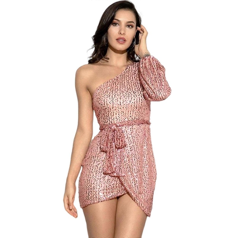 Womens Sexy One Shoulder Long Sleeve Sparkly Sequins Bodycon Short Dress Waist Tie Split Wrap Hem Cocktail Party Dresses  Pink XL | Fruugo SG