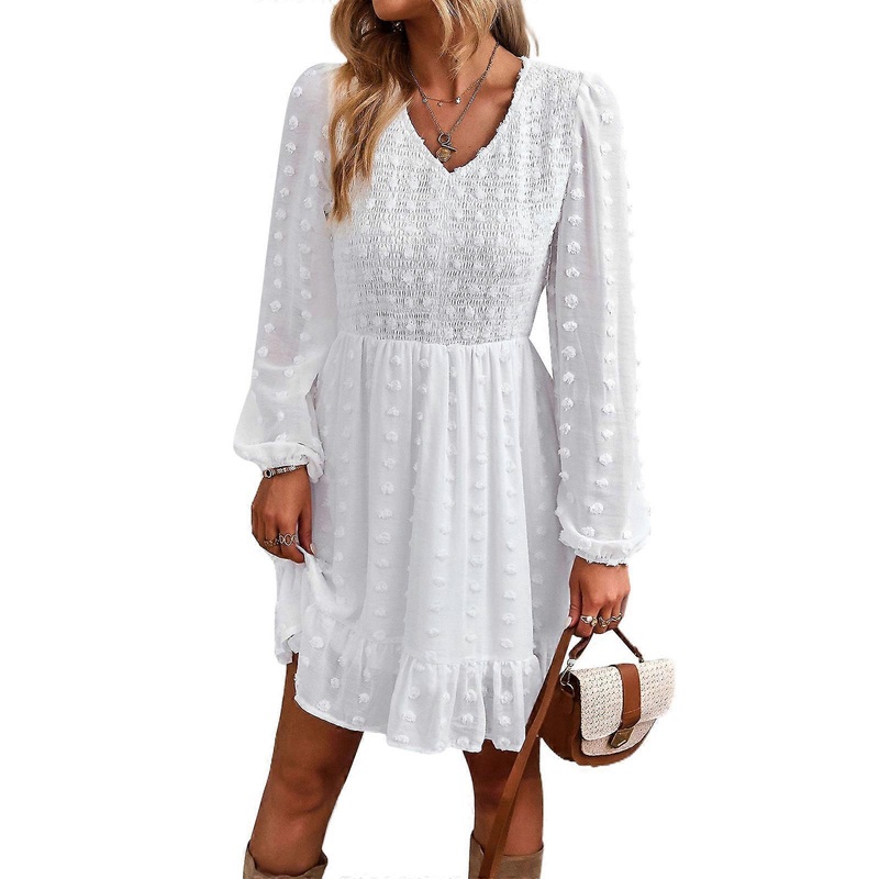 Womens Sexy V-Neck Smocked Midi Flowy Dress Casual Puff Long Sleeve Chiffon Swiss-Dot Ruffled Hem A-Line Swing Dresses  White XL | Fruugo SG