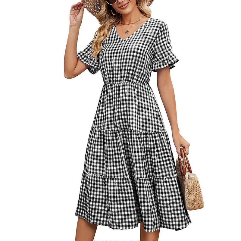 Womens Summer Flared Short Sleeve V-Neck A-Line Midi Long Dress Vintage Plaid Print High Waist Ruffle Hem Flowy Dresses  Black XL | Fruugo SG