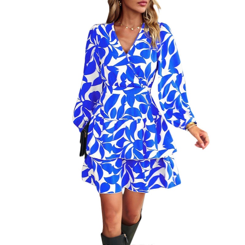 Womens Summer Wrap Mini Dress Casual Floral Print V-Neck Long Sleeve Ruffle Hem Beach Mini Dresses  Blue M | Fruugo SG