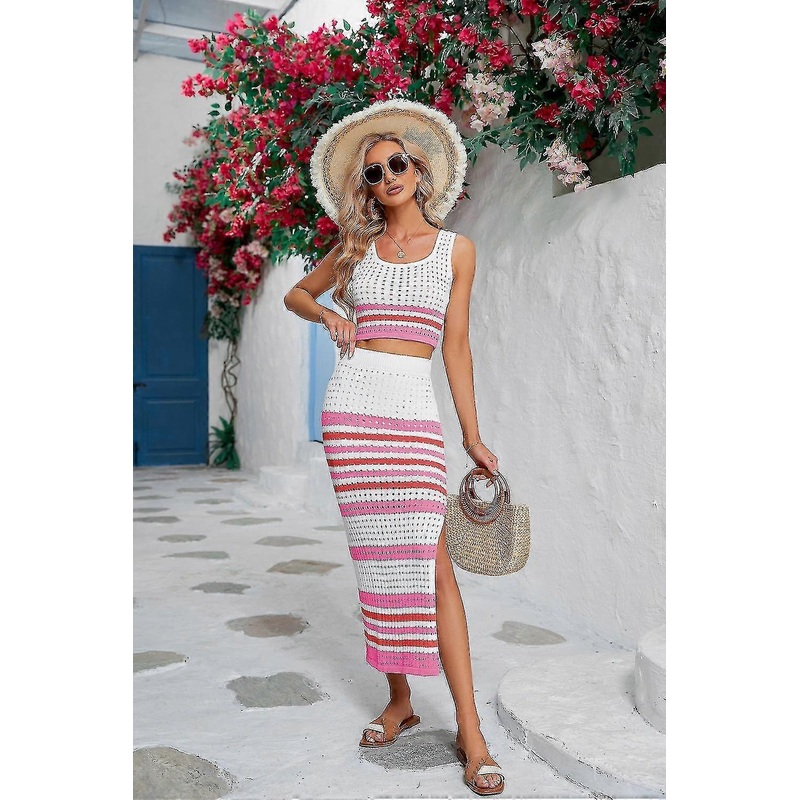 2023 Summer Amazon European And American Women’s New Square Collar Striped Hollow Set Short Vest Split Long Dress For Women | Fruugo SG