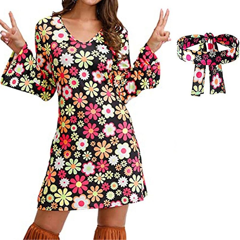 70s 80s Women Hippie Disco Party Long Sleeve Dress + Headband Outfit Set | Fruugo SG