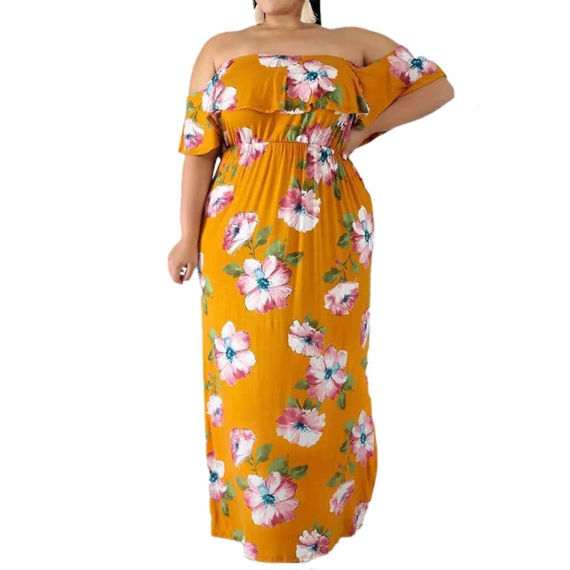 Bohemia Women Maxi Dress Flower Print Dress Loose Plus Size Dress Summer Casual Vacation Dress Sexy Off Shoulder Dress  Yellow XL | Fruugo SG