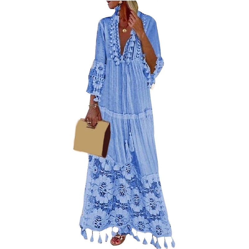 Bohemians Style Women V Neck Gradient Color Ruffle Long Sleeve Flowy Beach Dress For Women | Fruugo SG