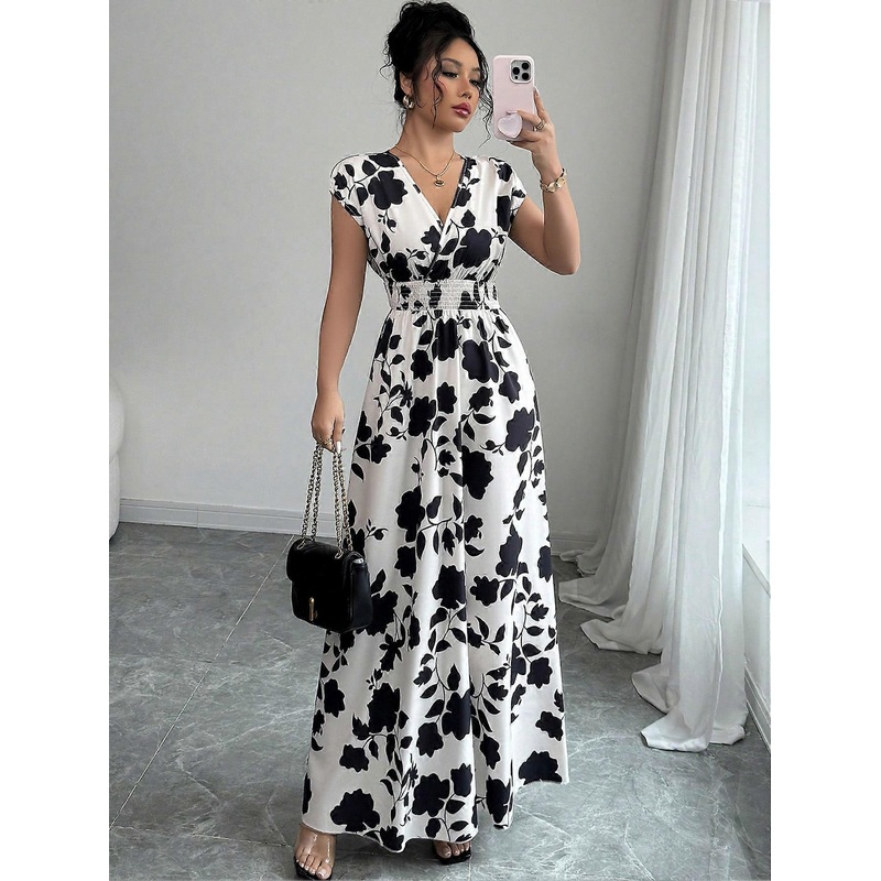 Elenzga Women’s V-Neck Allover Print Casual Long Dress | Fruugo SG