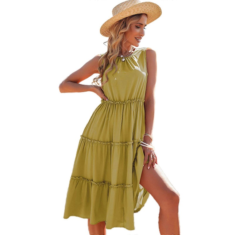Flowy Pleated Dress for Women Casual Summer Dress Girls Solid Color Party Dress Fashion Crew Neck Dress Holiday Dress  Yellow XL | Fruugo SG