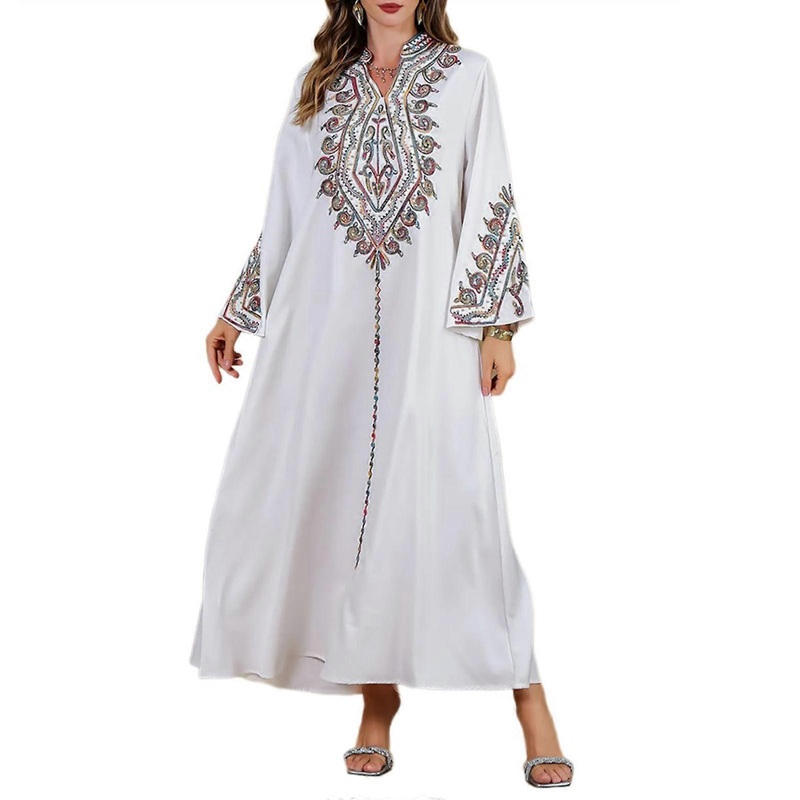 Full Cover Women Islamic Kaftan Dress Embroidered Islamic Dress Full Length Middle Eastern Robe Long Sleeve Islamic Gown  White XL | Fruugo SG