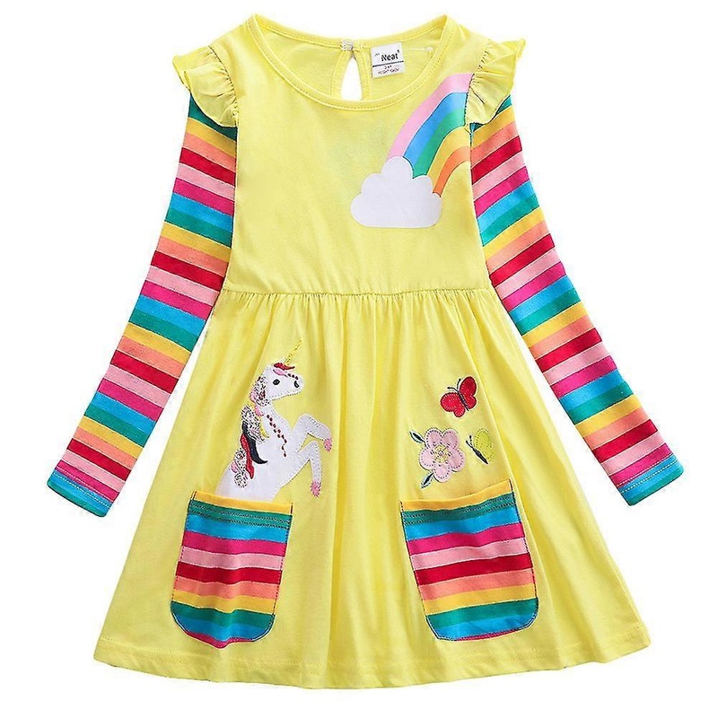 Girls Kids Rainbow Long Sleeve Skater Dress Unicorn Pockets Dresses | Fruugo SG