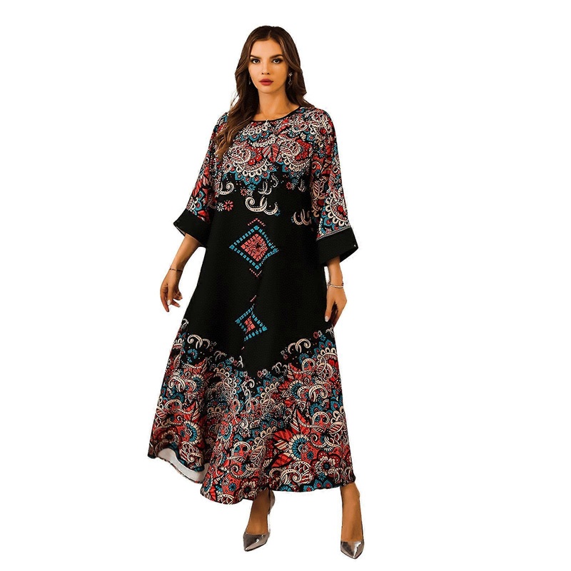 Islamic Kaftan Dress for Women Embroidered Flower Print Kaftan Dress Comfortable Wear Middle Eastern Robe Islamic Dress  Black M | Fruugo SG