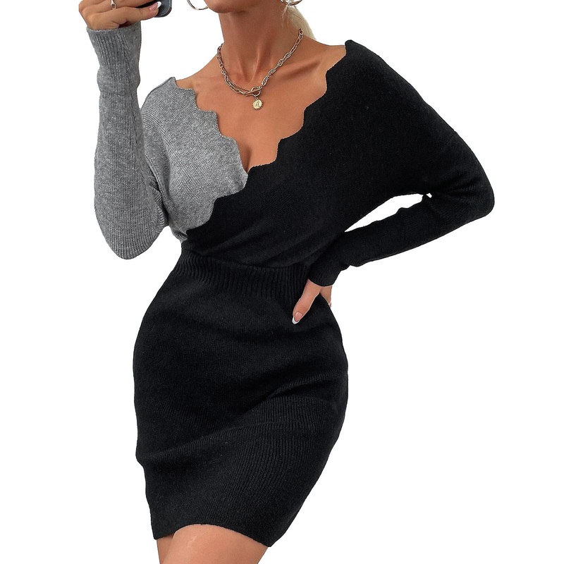 Knit Dress V Neck Wavy Long Doll Sleeve Polyester Fashion Machine Washable Women’s Clothing Grey L | Fruugo SG