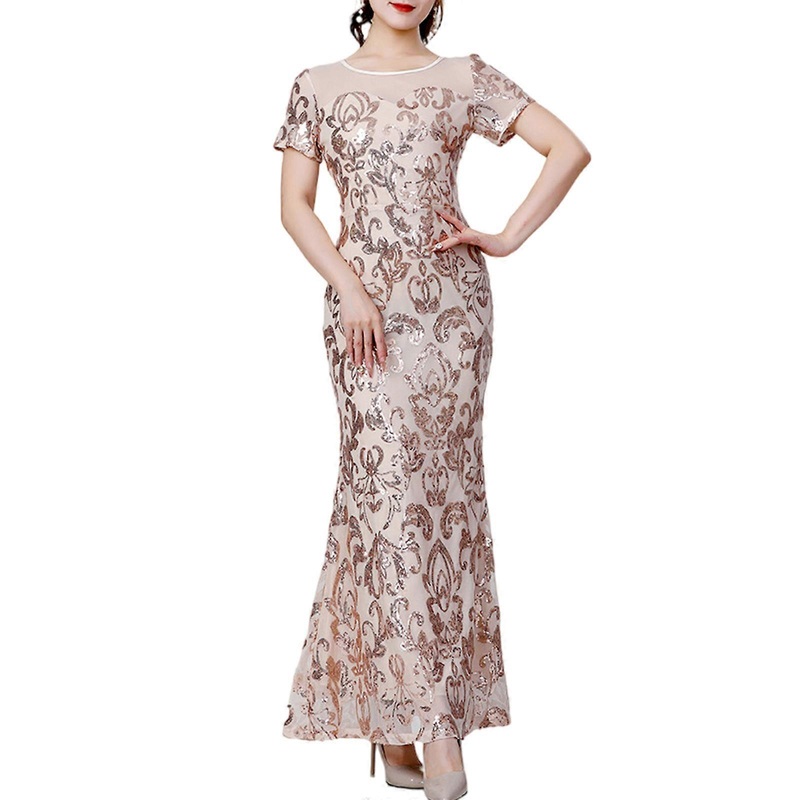 Sparkly Sequins Mesh Bodycon Evening Gown Round Neck Short Sleeve Fishtail Flared Ruffled Formal Long Dress for Women  Apricot gold S | Fruugo SG