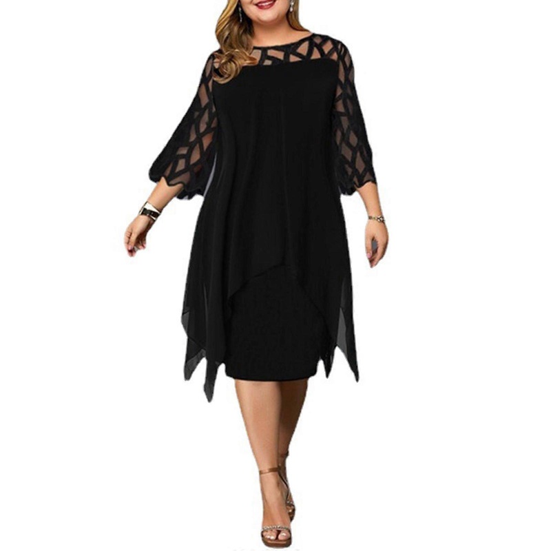 Temperament Plus Size Midi Dress Lace Mesh Sexy Elegant Party Long Dress Women Summer for Vacation Dating Travel Daily  Black XXL | Fruugo SG