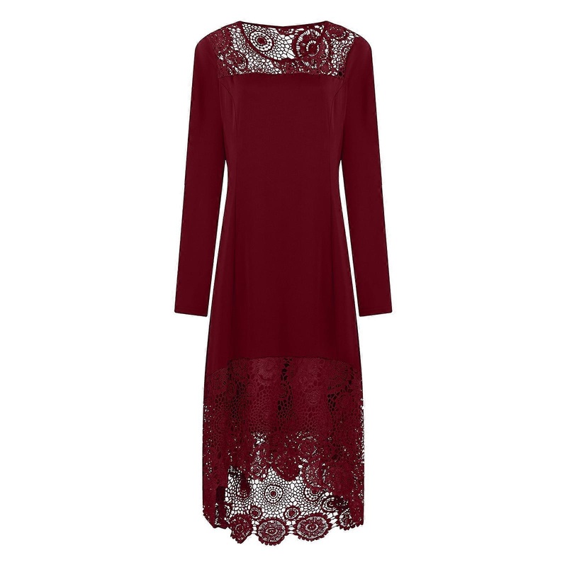 Women Plus Size Lace Trim Splicing Long Sleeve Midi Swing Dress Round Neck Solid Color A-Line Pleated Asymmetrical Hem Evening Party Gown XL-5XL  | Fruugo SG