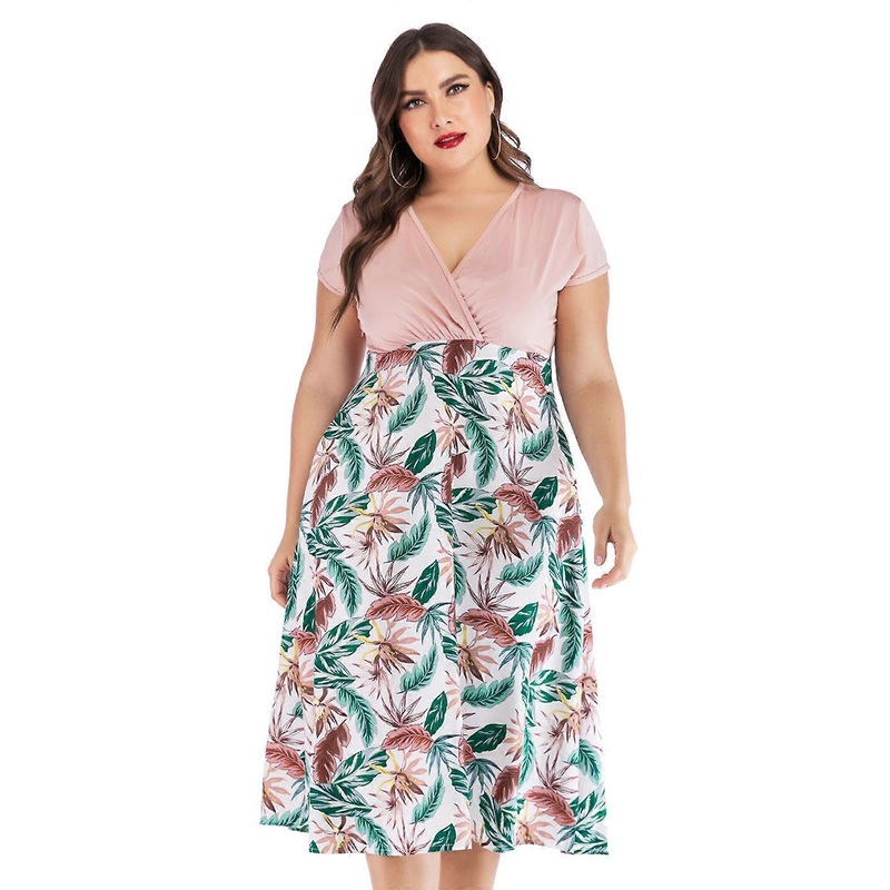 Women Plus Size Short Sleeve Ruched Wrap V-Neck Colorblock Midi Long Flowy Dress Boho Tropical Leaves Printed A-Line Pleated Hem Sundress XL-5XL  | Fruugo SG