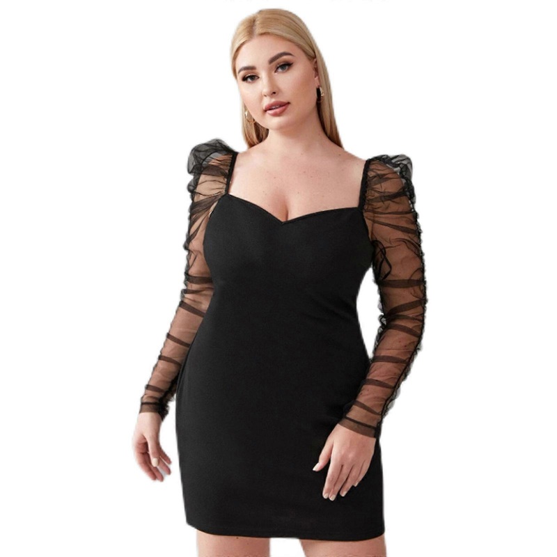 Women Ruched Sheer Mesh Long Sleeve Square Neck Package Hip Bodycon Mini Dress  Black XL | Fruugo SG