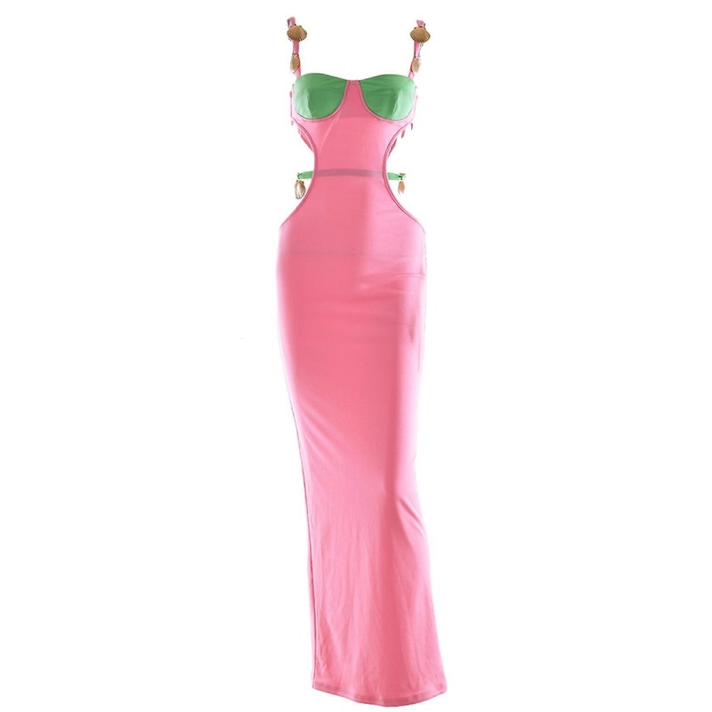 Women’s Cut Out Waist Back Split Hem Maxi Bodycon Dress Sexy Contrast Color Spaghetti Strap Long Dress  Pink S | Fruugo SG