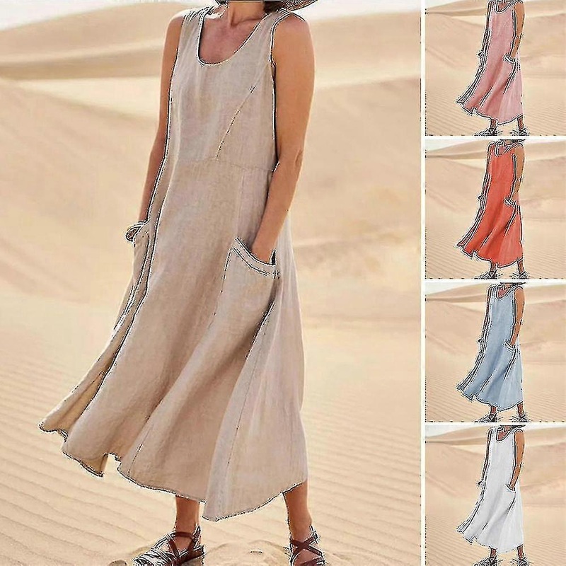 Women’s Sleeveless Cotton Linen Dress Th Pockets Boho Style Beach Tank Dress | Fruugo SG
