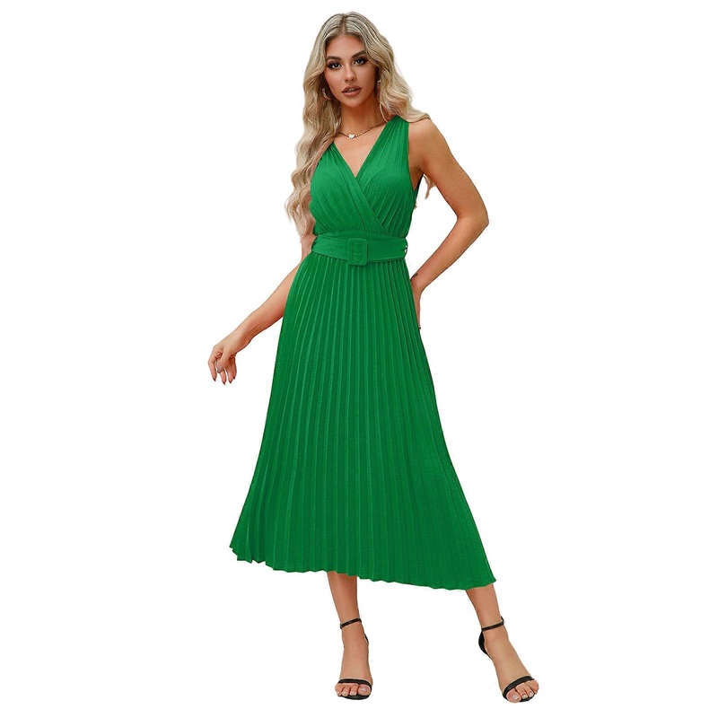Women’s Summer Casual Wrap V Neck A-Line Dress Sleeveless Belted Swing Pleated Cocktail Party Beach Maxi Dresses  Green XXL | Fruugo SG