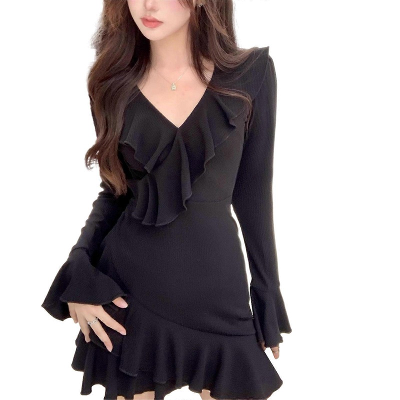 Women Sexy Ruffled V-Neck Flared Long Sleeve Mini Dress Solid Color High Waist Ribbed Knit Skinny A-Line Swing Dresses  Black | Fruugo SG