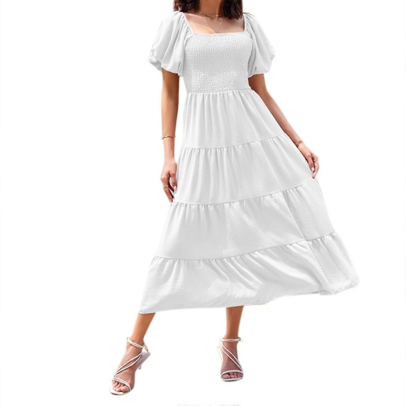 Women Smocked Maxi Dress Off Shoulder Midi Dress Beachs Sun Dresses Puffy Sleeve Flowy Ruffle Dress Tiered Dress  White S | Fruugo SG