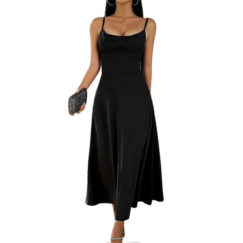 Women Spaghetti Strap Dress Cowl Neck Back Tie Strap A Line Hem Summer Long Dress for Party Black S | Fruugo SG