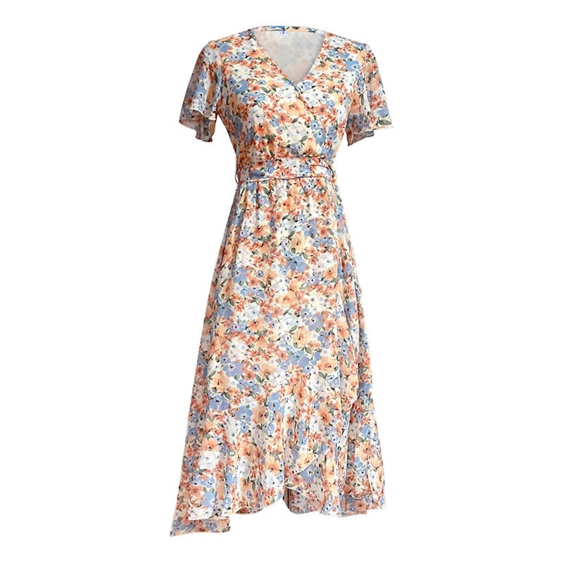 Women Summer Short Sleeve Wrap V-Neck Maxi Long Dress Boho Vintage Floral Print Belted High Low Asymmetric Ruffle Hem Sundress  Yellow S | Fruugo SG