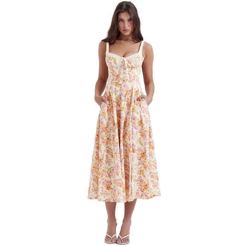 Women Summer Spaghetti Straps Tie Front Split Flared Long Dress Flower Print High Waist A Line Dresses with Pockets  Orange XL | Fruugo SG