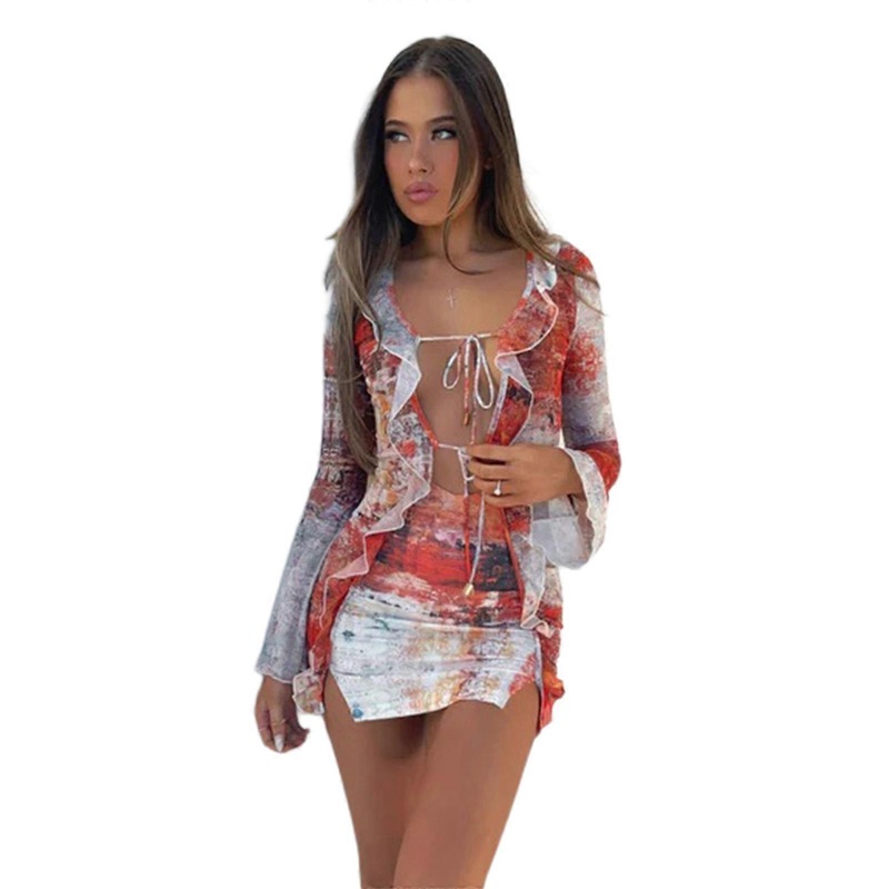 Women Tie-Up Cardigan Cover up Long Sleeve Mini Dress Tie-Dye Print Cut Out Bodycon Dress Low-cut Dress Lace-Up Dress  3 S | Fruugo SG