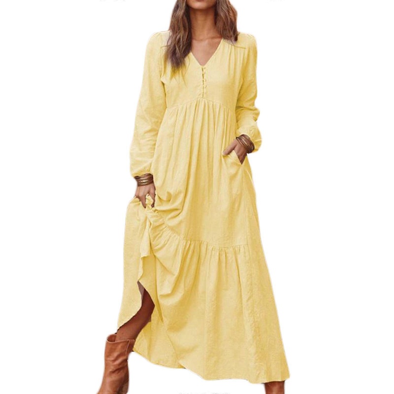 Womens Casual Long Sleeve Fall Dress Vintage Button V Neck Long Dresses Cotton and Linen Flowy Tiered Maxi Dress Gift  light yellow L | Fruugo SG