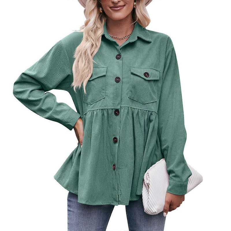 Womens Corduroy Peplum Shirts Tops Cute Long Sleeve Button Down Blouses with Pockets  Green S | Fruugo SG