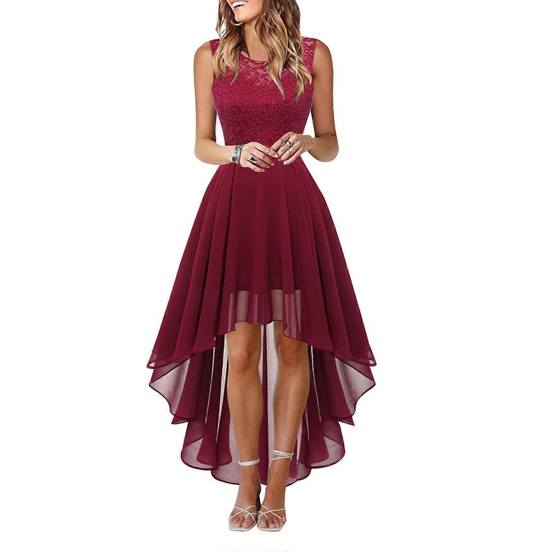 Womens Elegant Floral Lace Dress Sleeveless Crew Neck Hi-Lo Cocktail Dress for Evening Party Wedding Chiffon Swing Dress  Burgundy XL | Fruugo SG