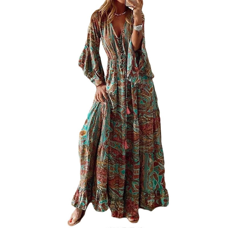 Womens Floral Print Dress Long Sleeve Wrap V-Neck Ruffle Drawstring Waist  Maxi Dresses for Party Club  orange M | Fruugo SG