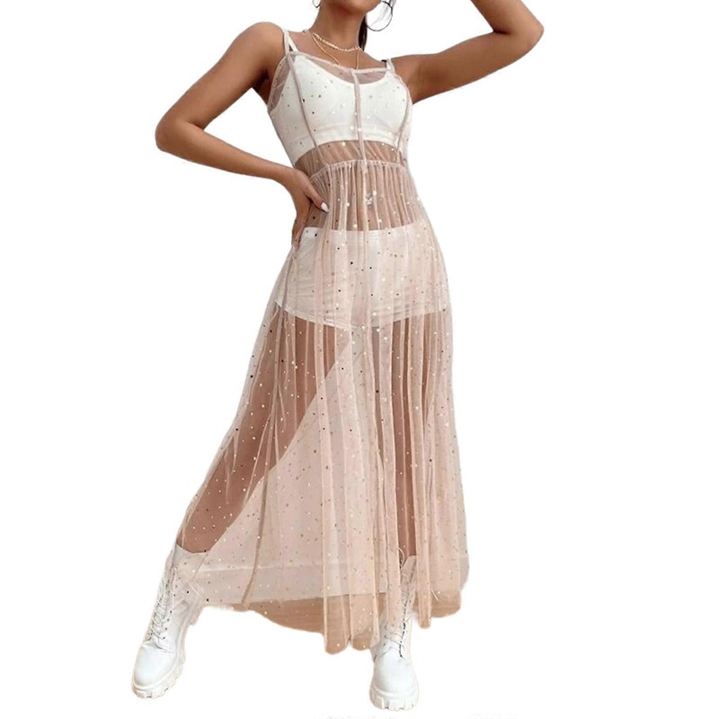 Womens Full Mesh Sleeveless Split Front Long Dress Sexy See Through Star Sequins Beach Swing Dresses Swimsuit Cover Up  Pink XL | Fruugo SG