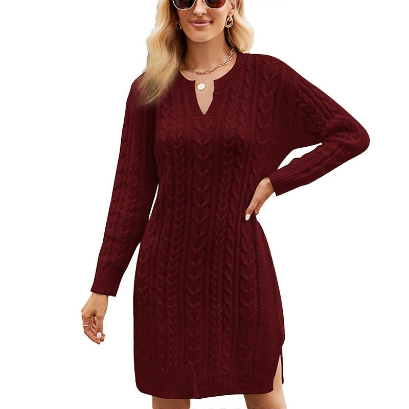 Womens Long Sleeve Sweater Dress Ribbed Knit Loose Midi Dress Solid Color Sweater Dresses Knee Length Knit Dress  Burgundy M | Fruugo SG