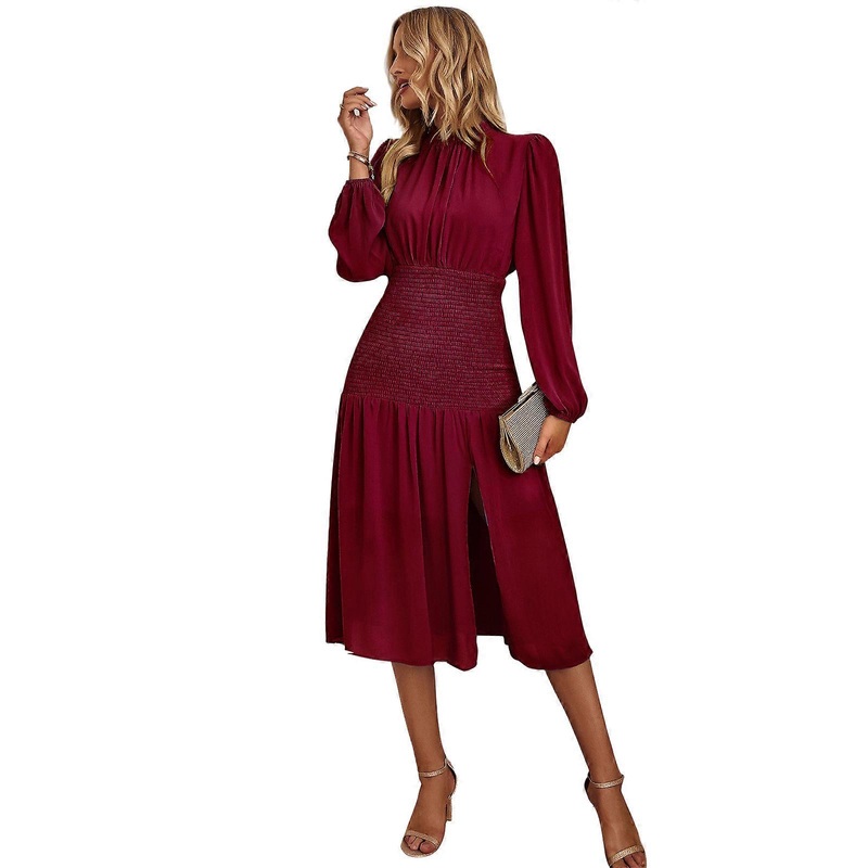 Womens Puff Long Sleeve Ruffled Mock Neck Midi Swing Dress Shirred Smocked Elastic Waist Sexy Split A-Line Flowy Dresses  Burgundy XL | Fruugo SG