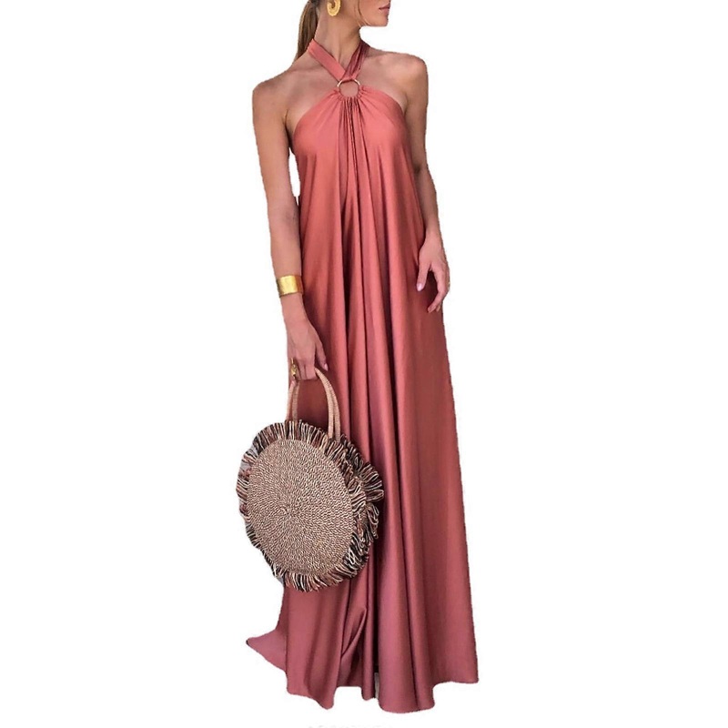 Womens Sexy Halter Tie Neck Backless Satin Floor Length Long Dress Off Shoulder Pleated Flared Holiday Party Swing Gown  Orange L | Fruugo SG