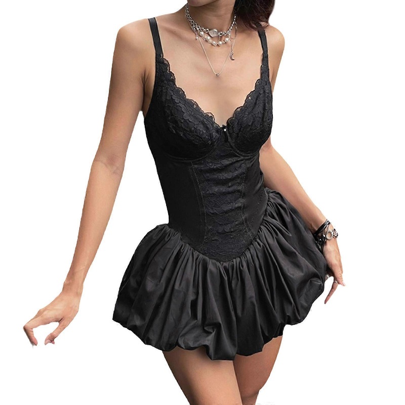 Womens Sexy Low Neck Pleated A Line Dresses Sleeveless Corset Lace Trim Spliced Stretch Flared Short Camisole Dress  Black M | Fruugo SG