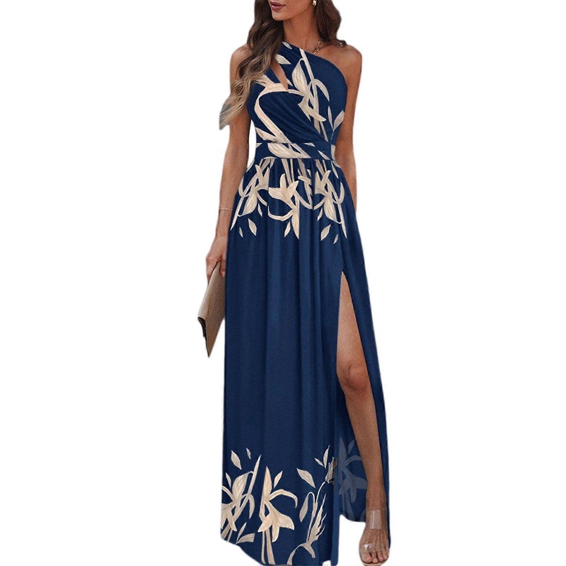 Womens Sleeveless Floor Length Side Split Long Dress Solid Color Sexy Cutout One Shoulder Ruched High Waist Evening Gown  blue flower XL | Fruugo SG