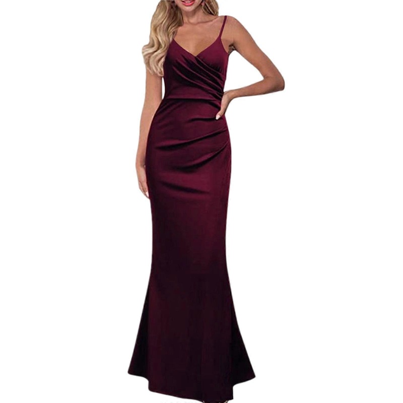 Womens Spaghetti Strap Sexy Wrap V-Neck Evening Cocktail Long Dress Solid Color High Waist Flared Hem Bodycon Dresses  Burgundy XS | Fruugo SG