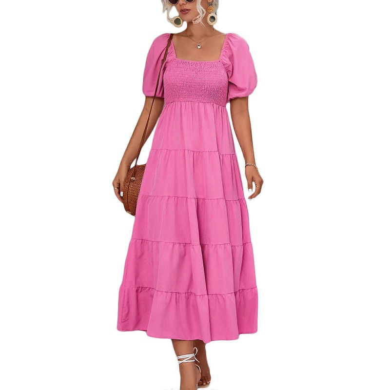 Womens Square Neck Shirred Tiered Ruffled Hem Swing Midi Long Dress Puff Short Sleeve Solid Color Smocked A-Line Dresses  rose Red XL | Fruugo SG